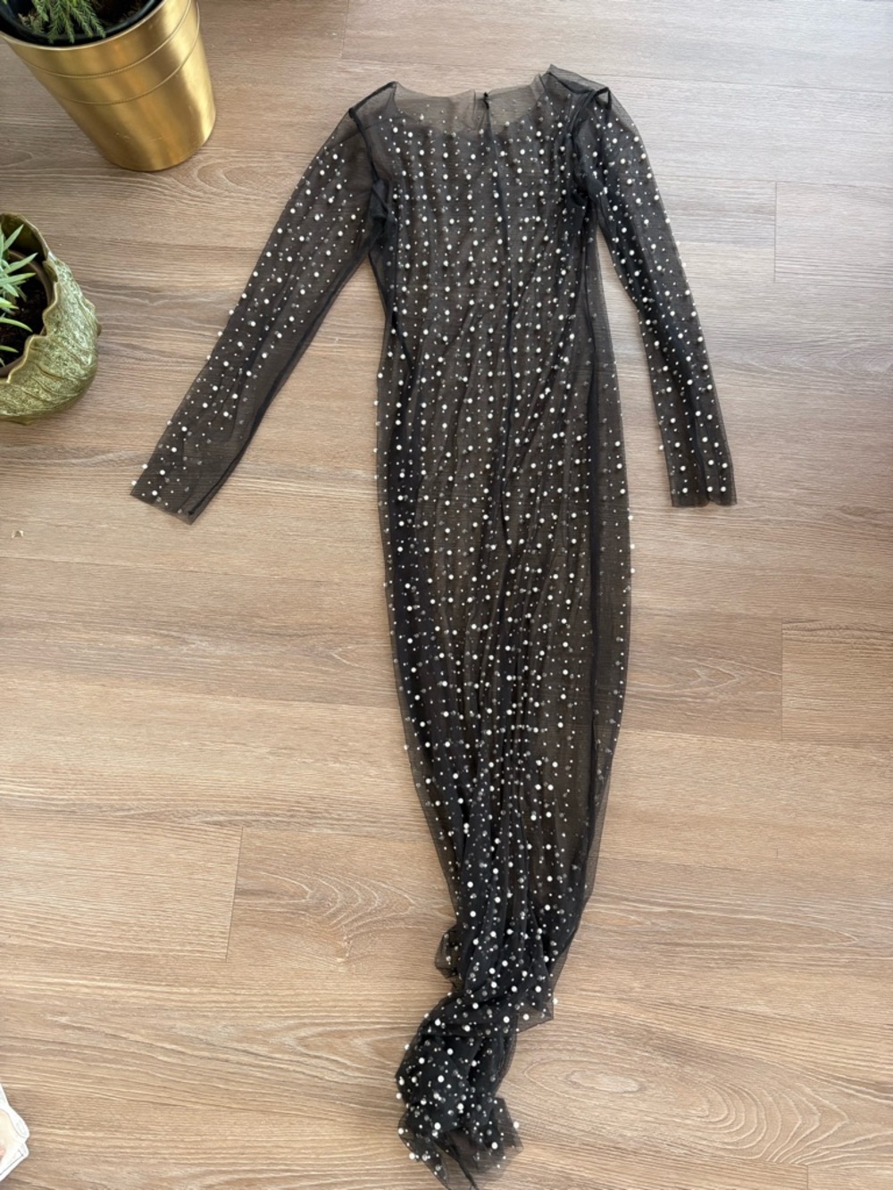 Black Long-Sleeve Embellished Sheer Maxi Dress